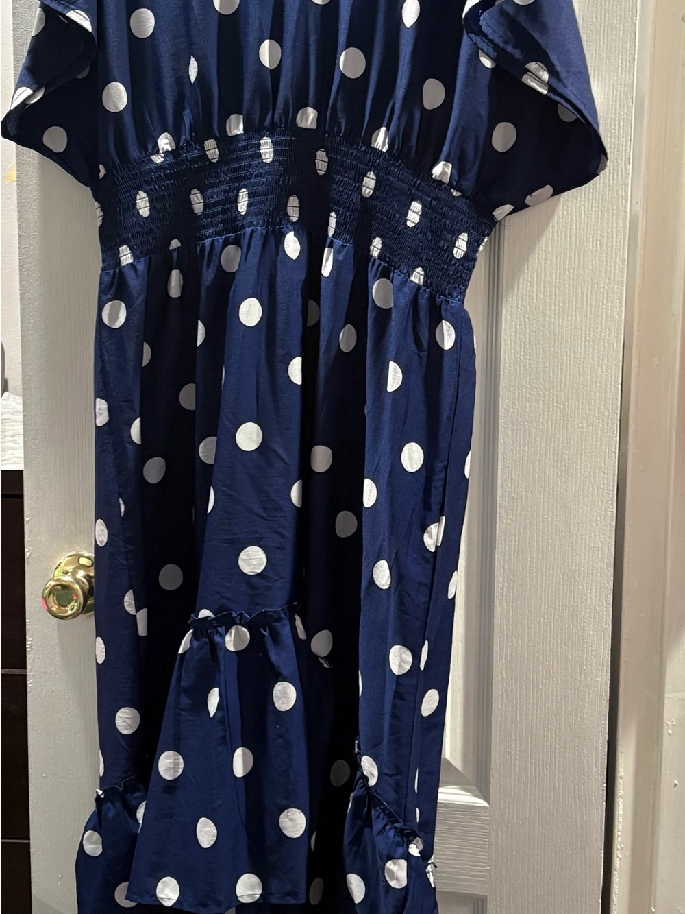 Mlle Gabrielle Navy Blue and White Polka Dot High-Low Dress